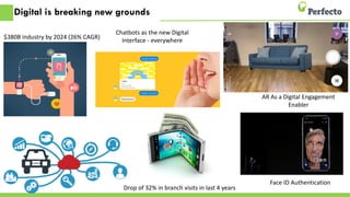 Digital is breaking new grounds
Drop of 32% in branch visits in last 4 years
Chatbots as the new Digital
Interface - everywhere
$380B industry by 2024 (26% CAGR)
Face ID Authentication
AR As a Digital Engagement
Enabler
 