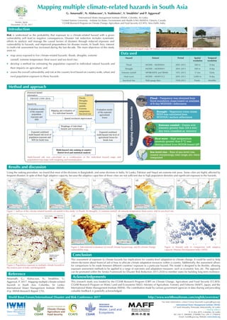 Mapping multiple climate-related hazards in South Asia
G. Amarnath1
, N. Alahacoon1
, S. Yoshimoto1
, V. Smakhtin2
and P. Aggarwal3
1
International Water Management Institute (IWMI), Colombo, Sri Lanka
2
United Nations University - Institute for Water, Environment and Health (UNU-INWEH), Ontario, Canada
3
CGIAR Research Program on Climate Change, Agriculture and Food Security (CCAFS), New Delhi, India
RESEARCH
PROGRAM ON
Water, Land and
Ecosystems
Using the ranking procedure, we found that most of the divisions in Bangladesh, and some divisions in India, Sri Lanka, Pakistan and Nepal are extreme-risk areas. Some cities are highly affected by
frequent disasters in spite of their high adaptive capacity, because the adaptive capacities of those cities are not sufficient due to high population densities and significant exposure to the hazards.
www.fsm4.susana.org
Risk is understood as the probability that exposure to a climate-related hazard with a given
vulnerability will lead to negative consequences. Disaster risk reduction includes systematic
efforts to analyze and manage the causal factors of disasters through reduced exposure and
vulnerability to hazards, and improved preparedness for disaster events. In South Asia, interest
in multi-risk assessment has increased during the last decade. The main objectives of this study
were to:
Introduction
map areas exposed to five climate-related hazards: floods, droughts, extreme
rainfall, extreme temperature (heat wave) and sea-level rise;
develop a method for estimating the population exposed to individual natural hazards and
their impacts on agriculture; and
assess the overall vulnerability and risk at the country level based on country-wide, urban and
rural population exposure to these hazards.
For more information, contact Giriraj Amarnath (a.giriraj@cgiar.org)
International Water Management Institute (IWMI)
127 Sunil Mawatha, Pelawatte, Battaramulla, Sri Lanka
Mailing address
P. O. Box 2075, Colombo, Sri Lanka
Tel: +94 11 2880000, 2784080; Fax: +94 11 2786854
Email: iwmi@cgiar.org; Website: www.iwmi.org
Dried tank and damaged crops (Sri Lanka), and flood-affected paddy field (Bihar, India).
Method and approach
Results and discussion
World Bosai Forum/International Disaster and Risk Conference 2017 http://www.worldbosaiforum.com/english/overview/
Conclusion
Reference
Flood – Frequency was obtained from
flood inundation maps based on analyses
of 8-day MOD09A1 reflectance
Drought – Vegetation water stress
NDDI was calculated from
MOD09A1 surface reflectance
Extreme rainfall – Events with
intensity greater than 124.4 mm/
day were classified as ‘extreme’
Heat wave – High temperature
anomaly greater than 6 °C was
distinguished from MODIS-based LST
Sea-level rise – Rate of sea-level rise,
coastal morphology, tidal range, etc. were
integrated
Data used
Hazard Dataset Period Spatial Temporal
Flood MODIS – MOD09A1 2001-2013 500 m 8-day
Drought MODIS – MOD09A1 2001-2013 500 m 8-day
Extreme rainfall APHRODITE and TRMM 1951-2013 11 km Daily
Heat wave MODIS – MOD11C2 2001-2013 5,000 m 8-day
Sea-level rise Tidal gauge data 1930-2013 Points Monthly
resolution resolution
Figure 2. Population exposure to multiple climate hazards in
the eastern part of India and Bangladesh.
Figure 1. Indices of the climate-related hazards calculated in this study: (a) floods, (b) droughts, (c) extreme rainfall, (d) extreme temperature (heat wave), and (e) sea-level rise.
(a) (b) (c) (d) (e)
Figure 4. Hazard rank in comparison with adaptive
capacity (Human Development Index [HDI]).
Multi-hazard risk was calculated as a combination of the individual hazard maps and
population/crop maps with weighting and normalization.
Mappingclimatehazards
This assessment of exposure to climate hazards has implications for country-level adaptation to climate change. It could be used to help
inform decisions about financial aid or how to allocate climate adaptation resources within a country. Additionally, the assessment allows
for comparisons to be made between different countries’ exposure to a particular hazard. The model is designed to be flexible, allowing
exposure assessment methods to be applied to a range of outcomes and adaptation measures, such as economic loss, etc. The approach
can be promoted within the Sendai Framework for Disaster Risk Reduction 2015-2030 to member states for building long-term resilience.
Acknowledgements
This research study was funded by the CGIAR Research Program (CRP) on Climate Change, Agriculture and Food Security (CCAFS);
CGIAR Research Program on Water, Land and Ecosystems (WLE); Ministry of Agriculture, Forestry and Fisheries (MAFF), Japan; and the
International Water Management Institute (IWMI). The contribution made by various government agencies in data sharing and providing
valuable feedback is gratefully acknowledged.
Amarnath, G.; Alahacoon, N.; Smakhtin, V.;
Aggarwal, P. 2017. Mapping multiple climate-related
hazards in South Asia. Colombo, Sri Lanka:
International Water Management Institute (IWMI).
41p. (IWMI Research Report 170).
Figure 3. Sub-national evaluation (a) overall climate hazard map, and (b) climate change
vulnerability map.
(a) (b)
Sendai, Japan
November 25-28, 2017
 