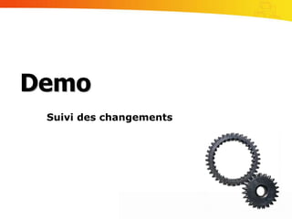 Fonctionnalités attendues de la couche objet:DonnéesSuivi des modificationsMettre en œuvre un moyen de tracer toutes les modifications sur les objets persistants:Notification au niveau des propriétés: pattern « PropertyNameChanged », INotifyPropertyChangedNotification sur les collections: CRUD (Create, Update, Delete)Le système est coûteux et non générique même s’il y a un mieux avec INotifyPropertyChanged (.Net 2.0)DatabindingEn WinForms ou WebFormsLe mapping objet relationnel tente d’automatiser la DAL, essayons de ne pas perdre le databinding !Respect des interfaces de binding: IList, IBindingList, etc…