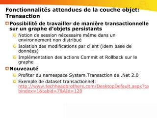 Fonctionnalités attendues de la couche objet:RequêtesGénération automatiques des requêtes CRUDDynamique: à la demandeStatique: lors de la génération (si le modèle le propose)ProblématiquesPerformance ?Procédures stockées, vues ?Accès total à la vue physique de la base de données: sécurité ?SémantiqueAvoir un langage unique pour requêter en mémoire parmi les objets ou vers la base de données grâce aux informations de mapping: OQL ? XPath ? Linq ? 