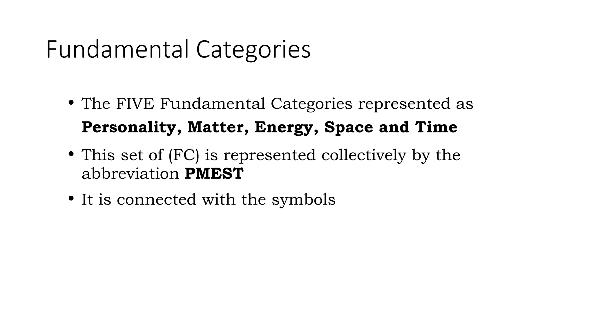 Fundamental Categories
• The FIVE Fundamental Categories represented as
Personality, Matter, Energy, Space and Time
• This set of (FC) is represented collectively by the
abbreviation PMEST
• It is connected with the symbols
 