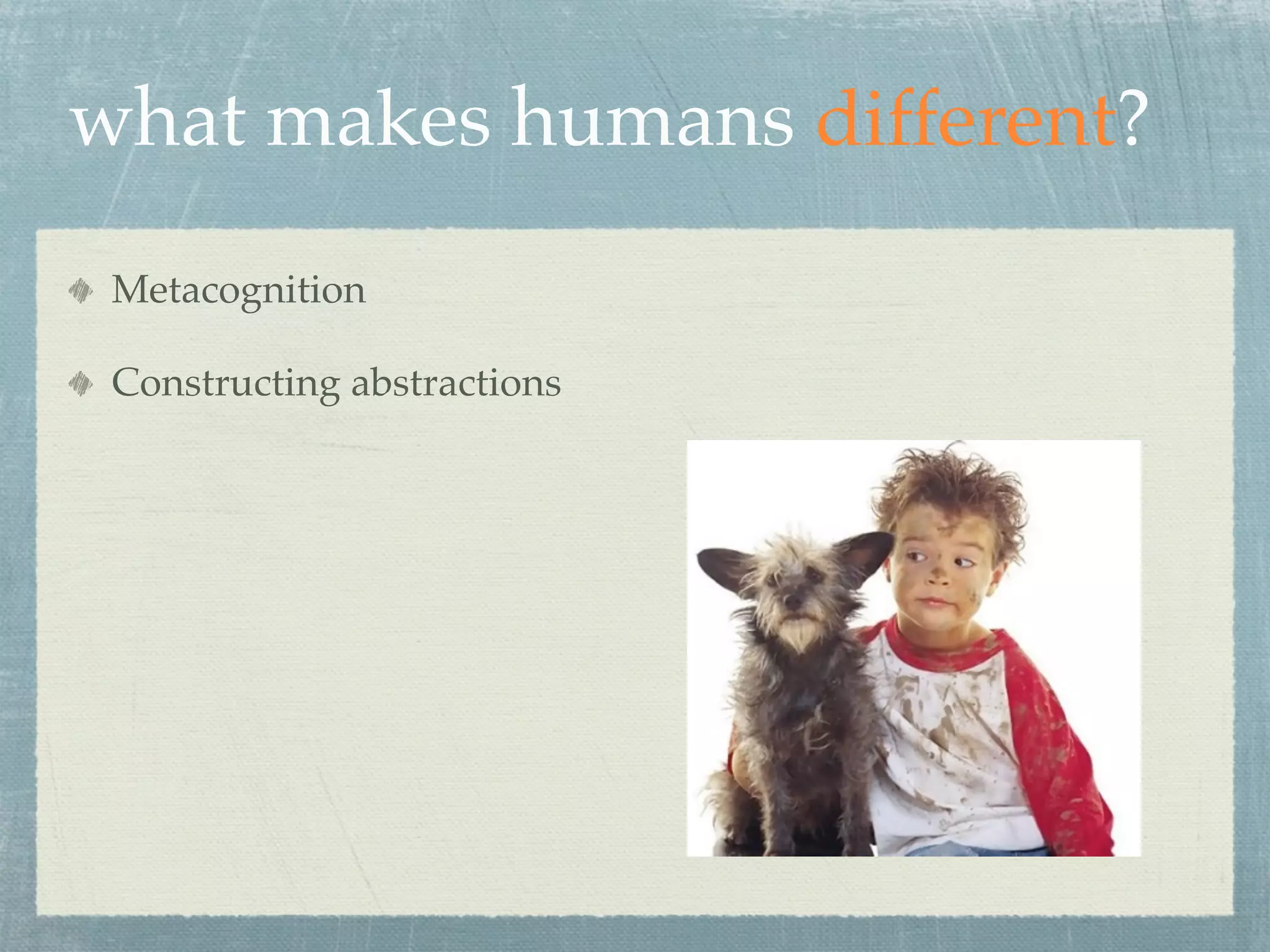 what makes humans different?
 Metacognition

 Constructing abstractions
 