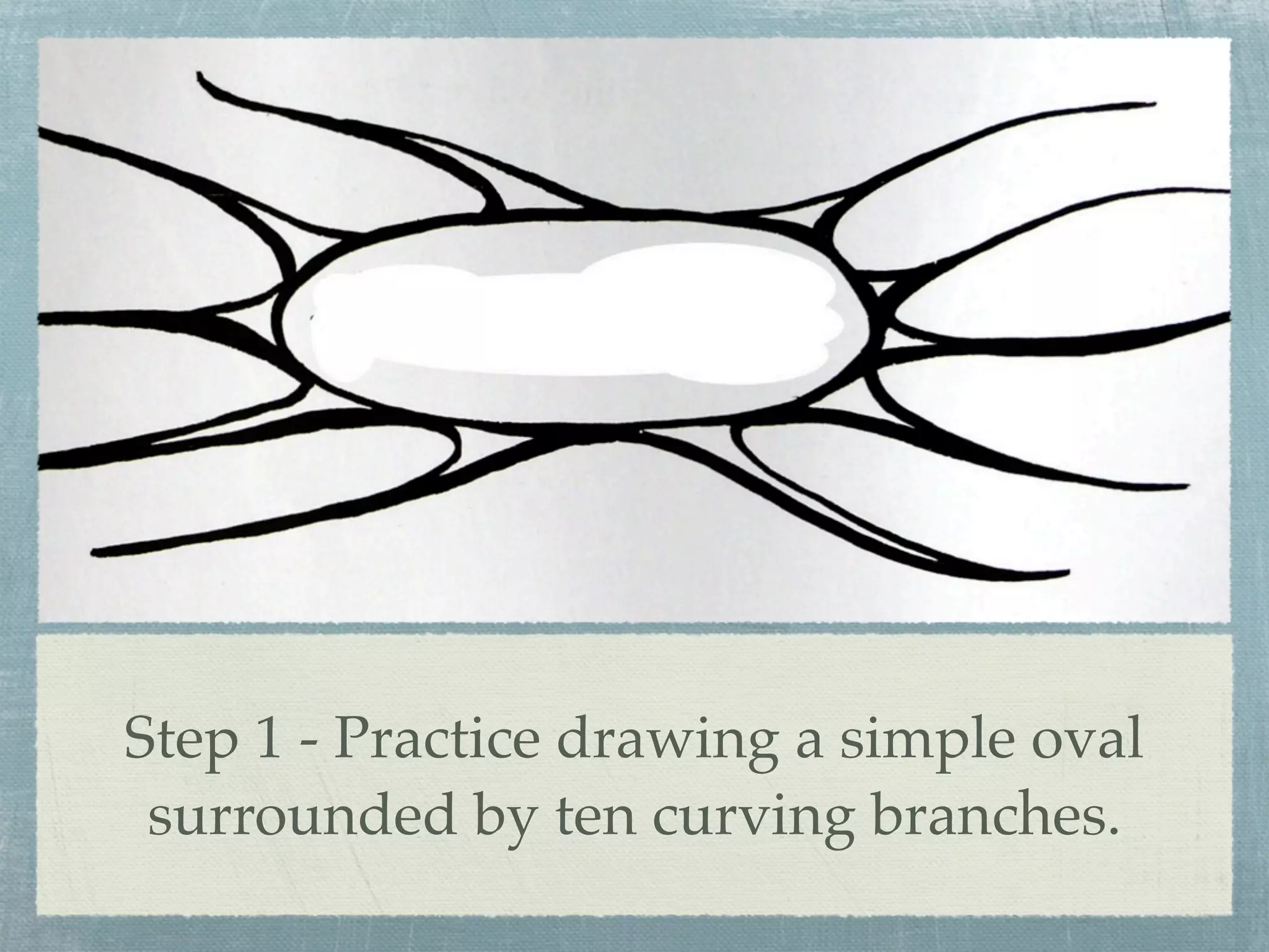 Step 1 - Practice drawing a simple oval
 surrounded by ten curving branches.
 