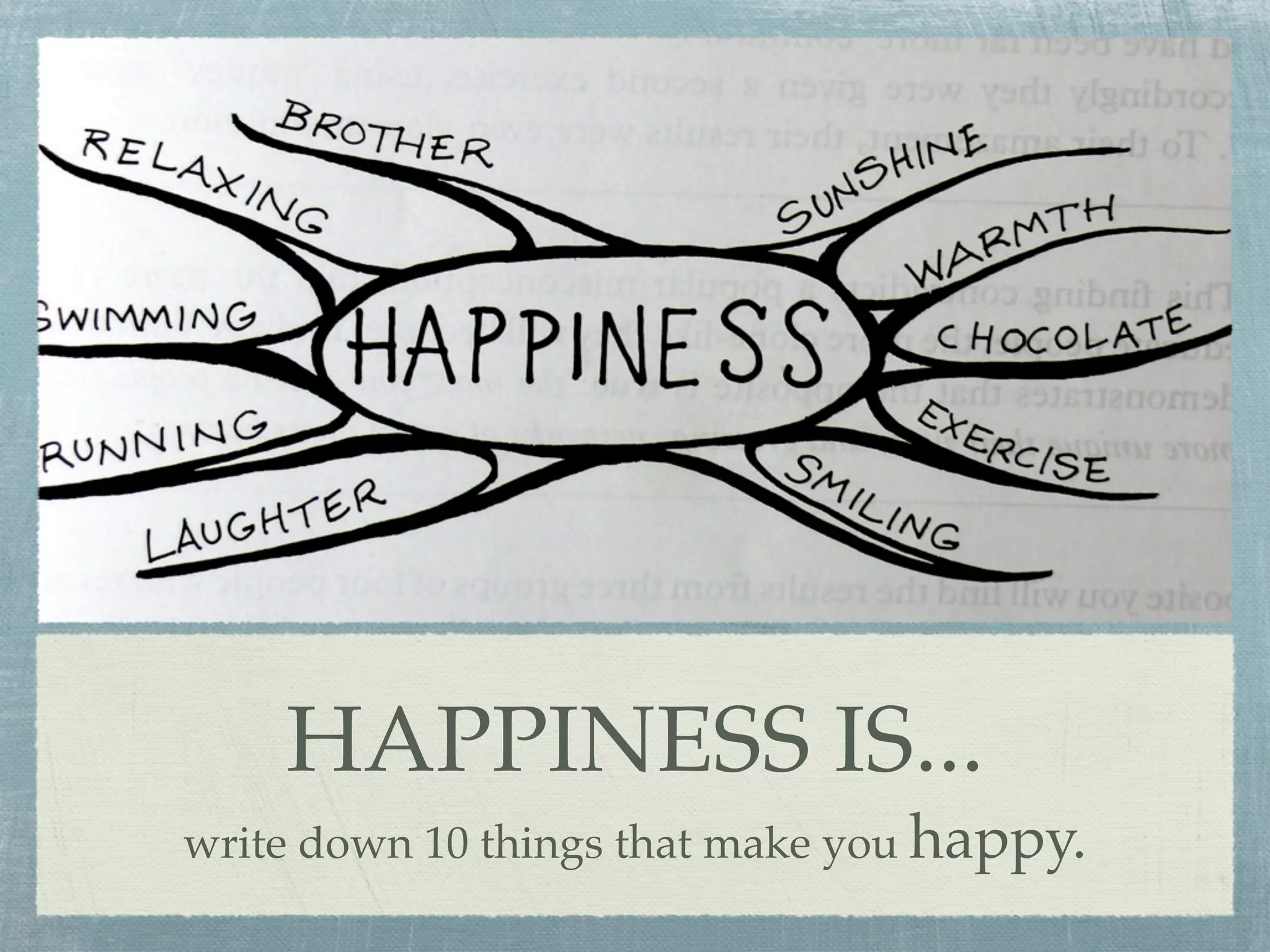 HAPPINESS IS...
write down 10 things that make you happy.
 