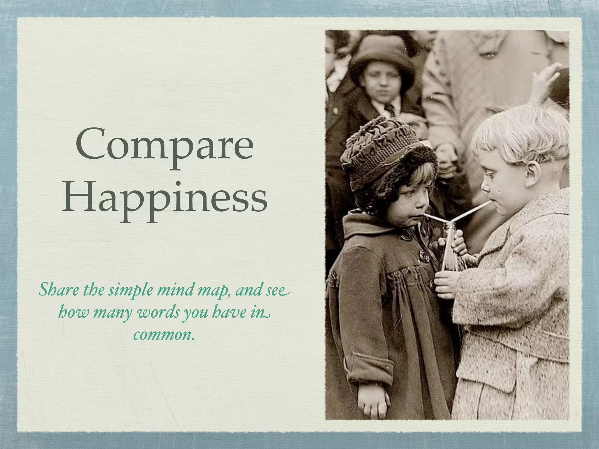 Compare
   Happiness
Share the simple mind map, and see
  how many words you have in
             common.
 