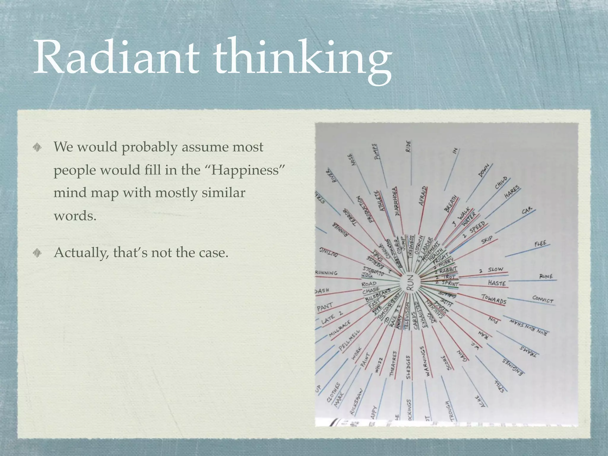 Radiant thinking
We would probably assume most
people would ﬁll in the “Happiness”
mind map with mostly similar
words.

Actually, that’s not the case.
 