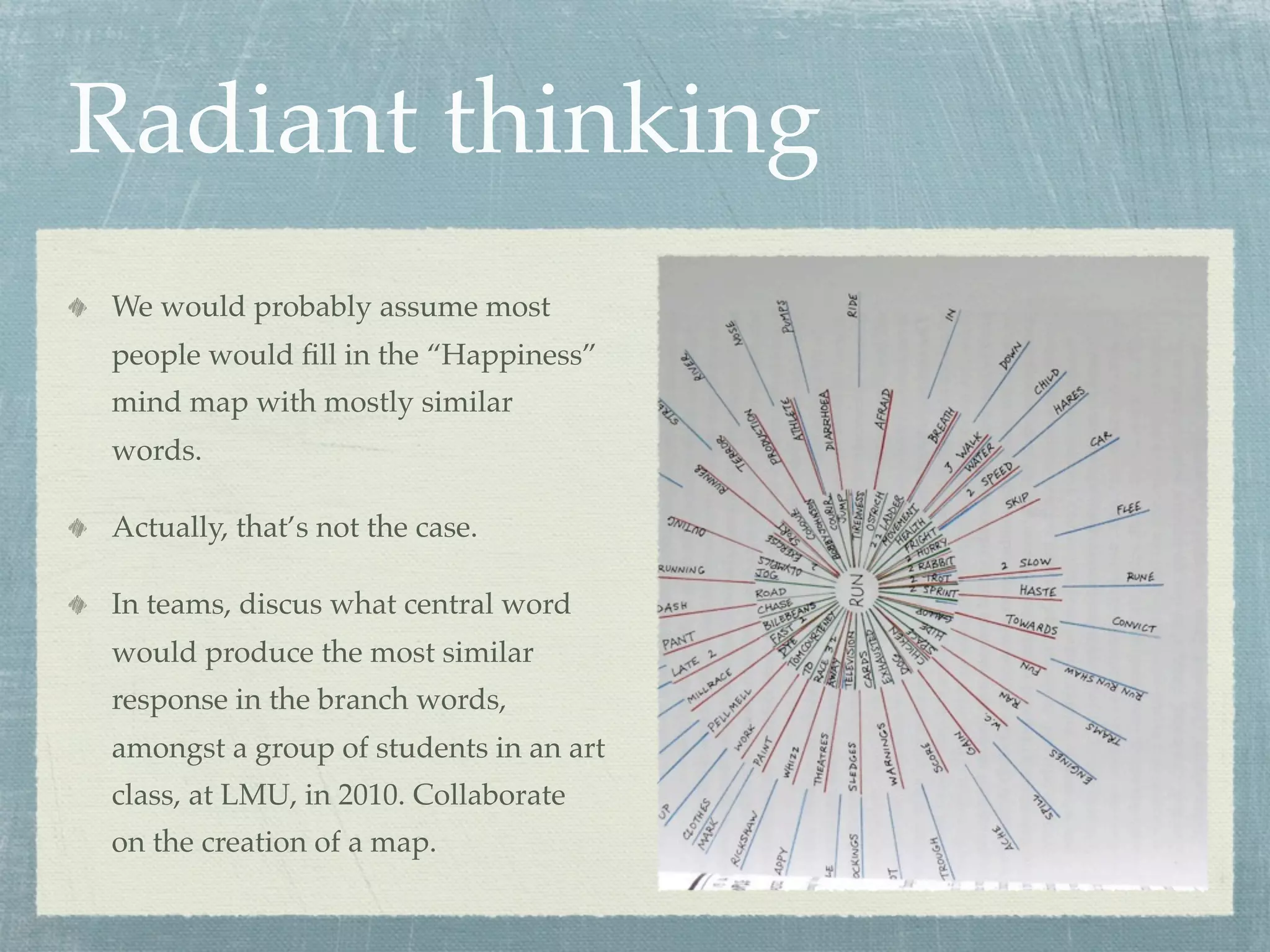 Radiant thinking
We would probably assume most
people would ﬁll in the “Happiness”
mind map with mostly similar
words.

Actually, that’s not the case.

In teams, discus what central word
would produce the most similar
response in the branch words,
amongst a group of students in an art
class, at LMU, in 2010. Collaborate
on the creation of a map.
 