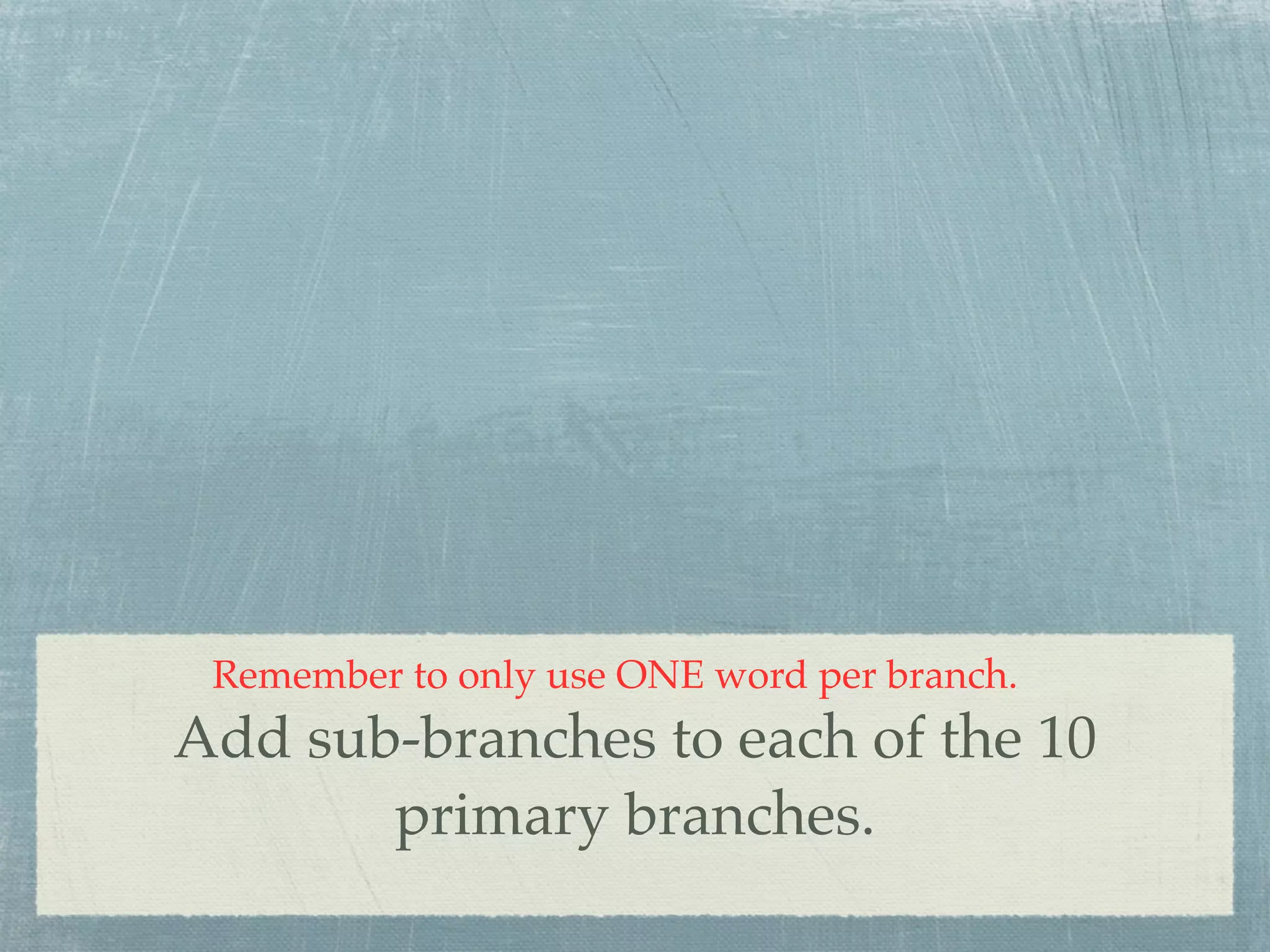 Remember to only use ONE word per branch.
Add sub-branches to each of the 10
       primary branches.
 