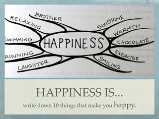 HAPPINESS IS...
write down 10 things that make you happy.
 