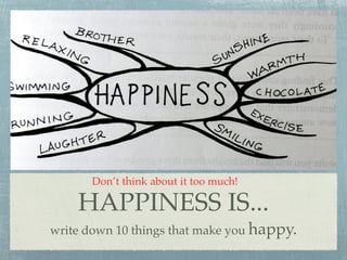 Don’t think about it too much!

    HAPPINESS IS...
write down 10 things that make you happy.
 