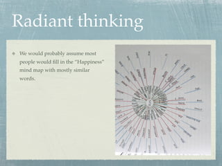 Radiant thinking
We would probably assume most
people would ﬁll in the “Happiness”
mind map with mostly similar
words.
 