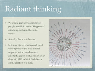 Radiant thinking
We would probably assume most
people would ﬁll in the “Happiness”
mind map with mostly similar
words.

Actually, that’s not the case.

In teams, discus what central word
would produce the most similar
response in the branch words,
amongst a group of students in an art
class, at LMU, in 2010. Collaborate
on the creation of a map.
 