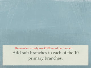 Remember to only use ONE word per branch.
Add sub-branches to each of the 10
       primary branches.
 