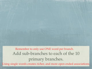 Remember to only use ONE word per branch.
        Add sub-branches to each of the 10
               primary branches.
Using single words creates richer, and more open ended associations.
 