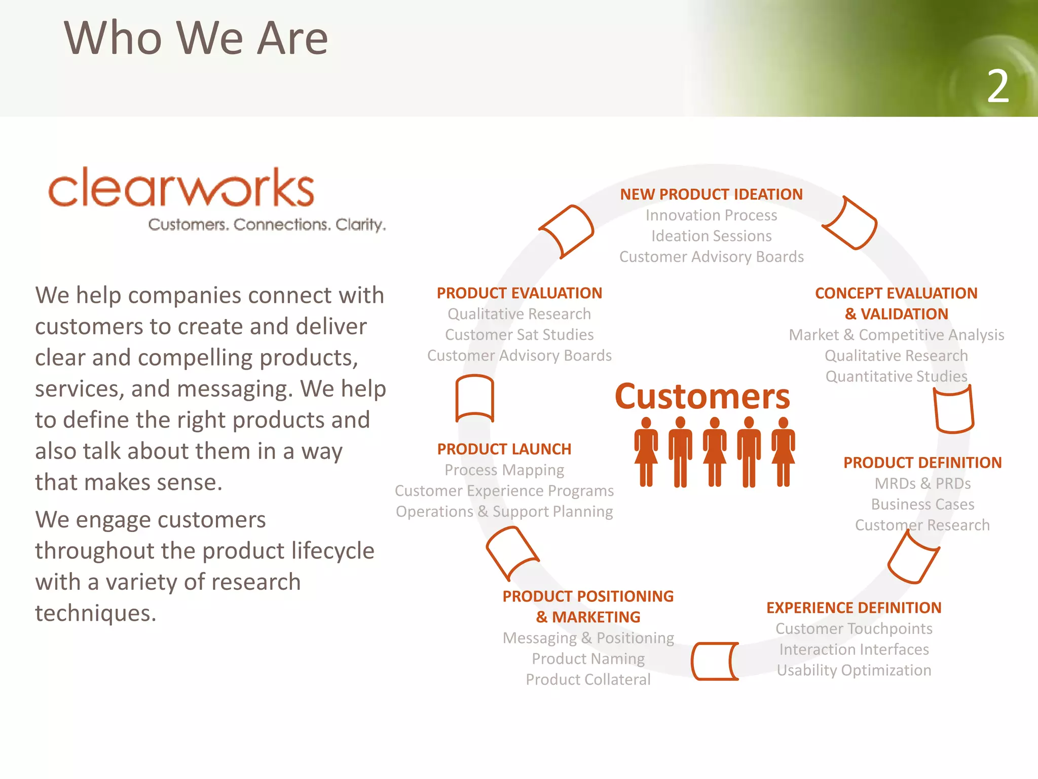 Who We Are
                                                                                                                  2
                                                                   NEW PRODUCT IDEATION
                                                                      Innovation Process
                                                                       Ideation Sessions
                                                                   Customer Advisory Boards

We help companies connect with          PRODUCT EVALUATION                                 CONCEPT EVALUATION
                                         Qualitative Research                                  & VALIDATION
customers to create and deliver          Customer Sat Studies                           Market & Competitive Analysis
clear and compelling products,         Customer Advisory Boards                             Qualitative Research
                                                                                            Quantitative Studies
services, and messaging. We help                                  Customers
to define the right products and
also talk about them in a way
that makes sense.
                                        PRODUCT LAUNCH
                                         Process Mapping      
                                                              
                                   Customer Experience Programs
                                                               
                                   Operations & Support Planning
                                                                                                PRODUCT DEFINITION
                                                                                                   MRDs & PRDs
                                                                                                   Business Cases
We engage customers                                                                              Customer Research
throughout the product lifecycle
with a variety of research                       PRODUCT POSITIONING
techniques.                                                                           EXPERIENCE DEFINITION
                                                    & MARKETING
                                                                                       Customer Touchpoints
                                                 Messaging & Positioning
                                                                                       Interaction Interfaces
                                                    Product Naming
                                                                                       Usability Optimization
                                                   Product Collateral
 