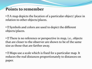 Points to remember
• A map depicts the location of a particular object/ place in
relation to other objects/places.
• Symbols and colors are used to depict the different
objects/places.
• There is no reference or perspective in map, i.e., objects
that are closer to the observer are shown to be of the same
size as those that are farther away.
• Maps use a scale which is fixed for a particular map. It
reduces the real distances proportionately to distances on
paper.
 