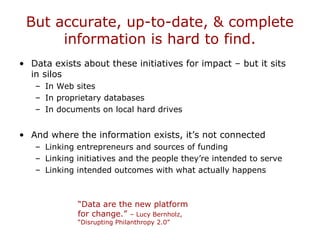 But accurate, up-to-date, & complete
information is hard to find.
• Data exists about these initiatives for impact – but it sits
in silos
– In Web sites
– In proprietary databases
– In documents on local hard drives
• And where the information exists, it’s not connected
– Linking entrepreneurs and sources of funding
– Linking initiatives and the people they’re intended to serve
– Linking intended outcomes with what actually happens
“Data are the new platform
for change.” – Lucy Bernholz,
“Disrupting Philanthropy 2.0”
 