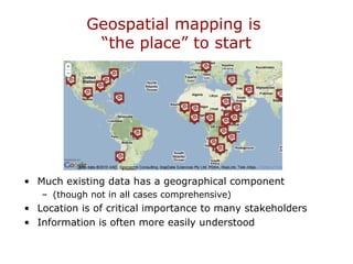 Geospatial mapping is
“the place” to start
• Much existing data has a geographical component
– (though not in all cases comprehensive)
• Location is of critical importance to many stakeholders
• Information is often more easily understood
 