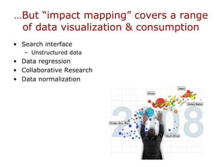 …But “impact mapping” covers a range
of data visualization & consumption
• Search interface
– Unstructured data
• Data regression
• Collaborative Research
• Data normalization
 