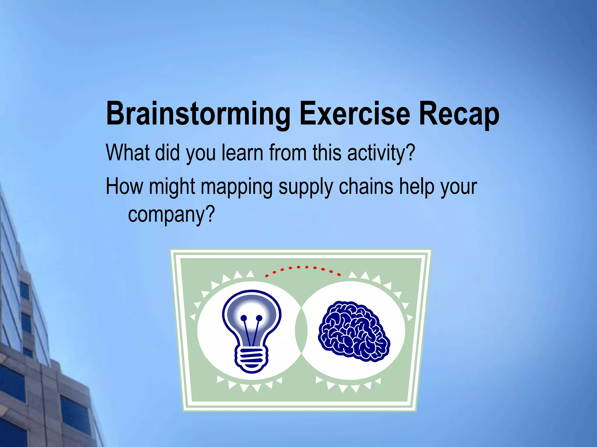 Brainstorming Exercise Recap
What did you learn from this activity?
How might mapping supply chains help your
  company?
 