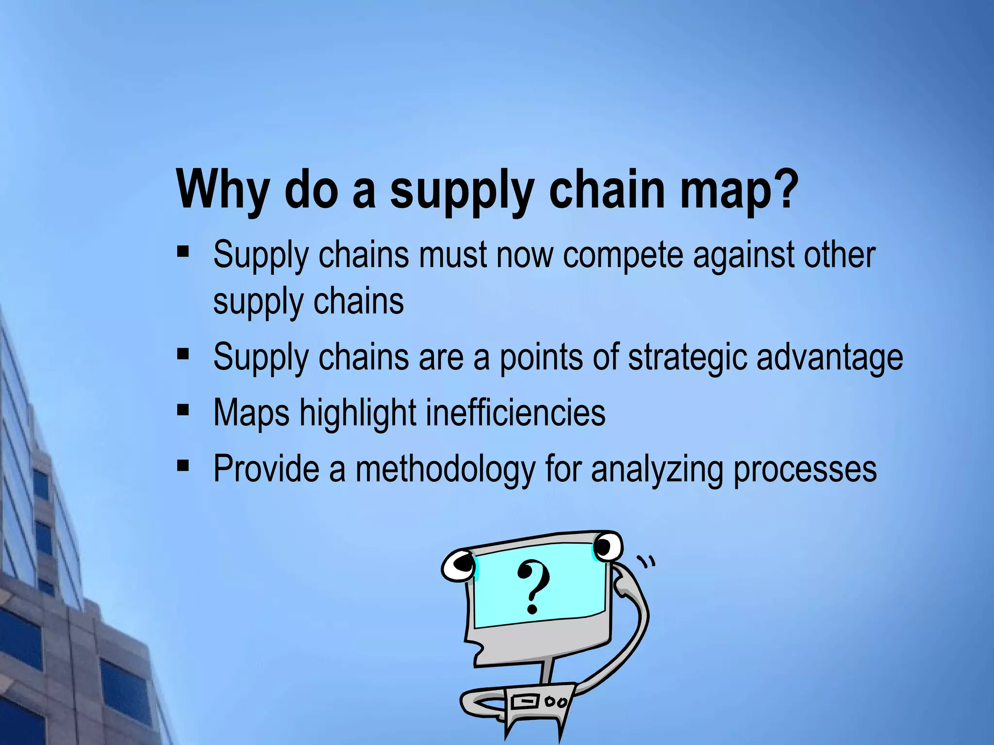 Why do a supply chain map?
   Supply chains must now compete against other
    supply chains
   Supply chains are a points of strategic advantage
   Maps highlight inefficiencies
   Provide a methodology for analyzing processes
 