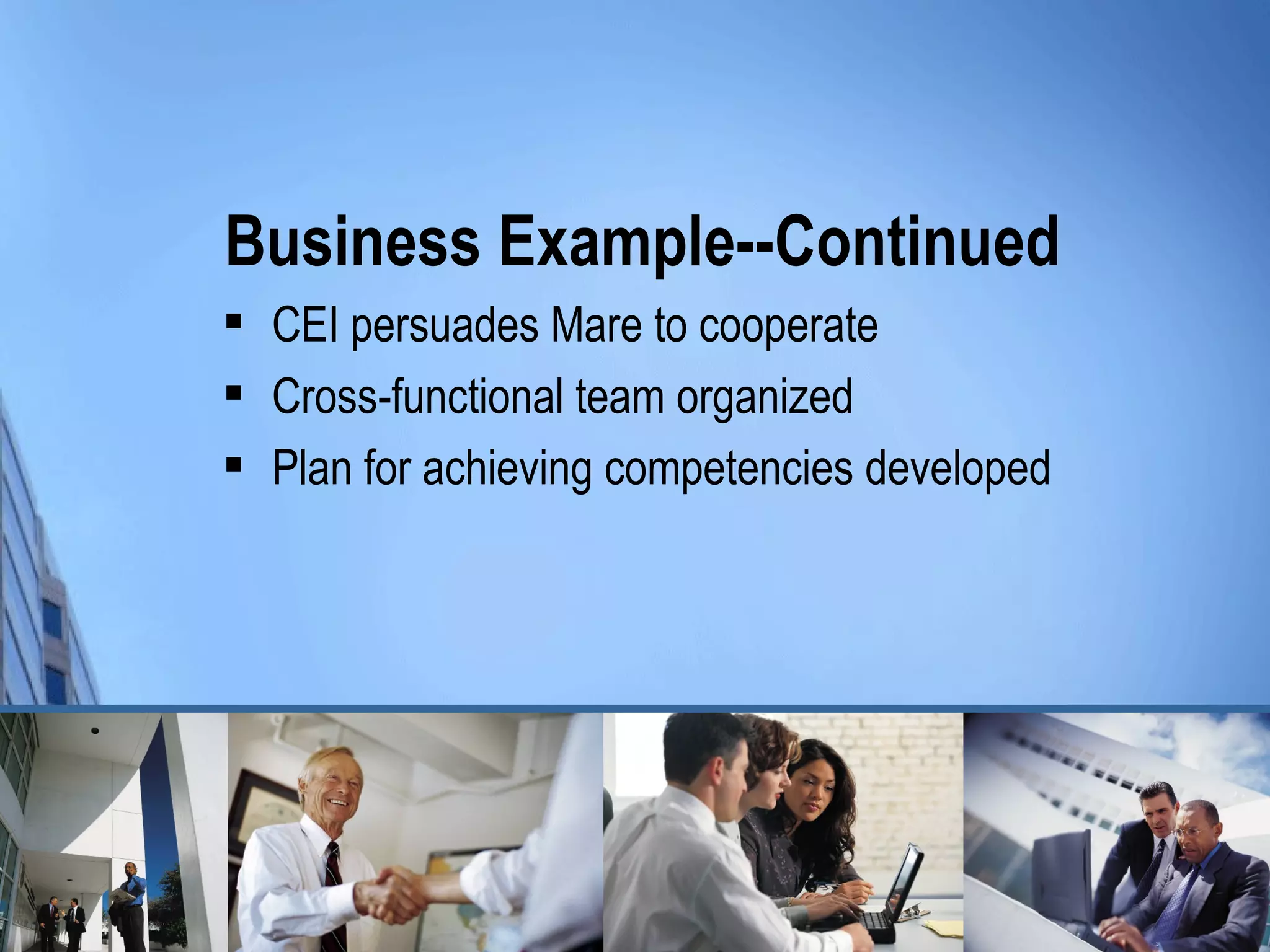 Business Example--Continued
   CEI persuades Mare to cooperate
   Cross-functional team organized
   Plan for achieving competencies developed
 