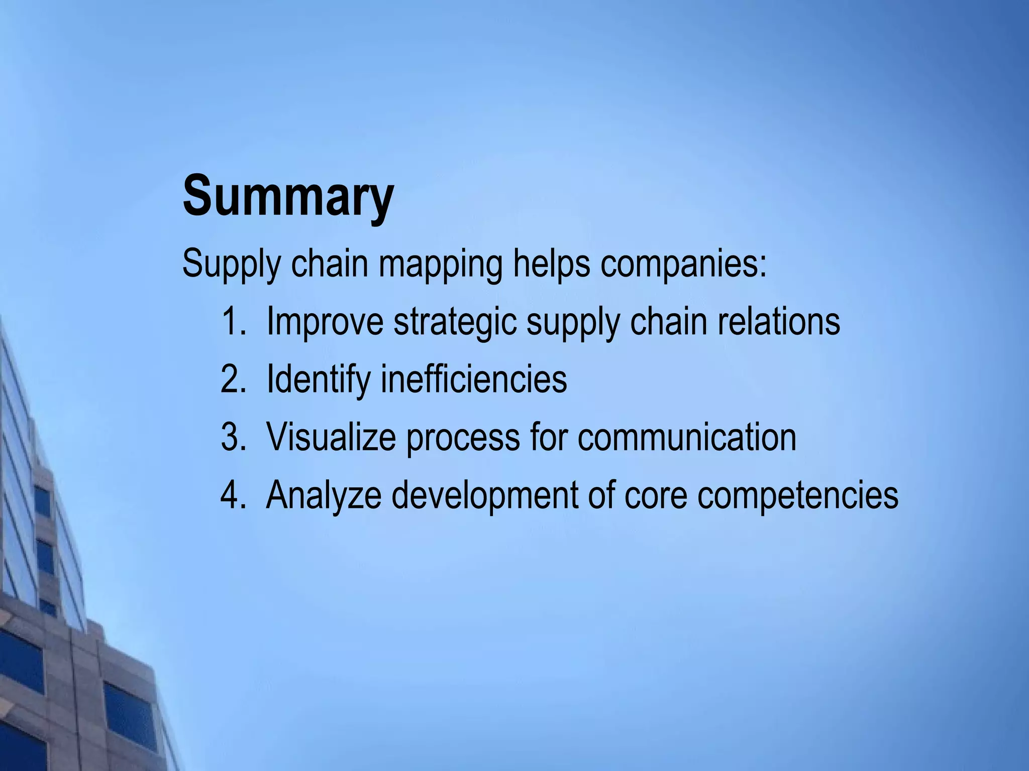 Summary
Supply chain mapping helps companies:
  1. Improve strategic supply chain relations
  2. Identify inefficiencies
  3. Visualize process for communication
  4. Analyze development of core competencies
 
