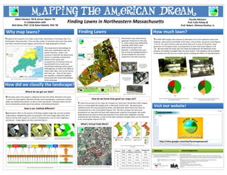 Mapping the American Dream
                Albert Decatur ’09 & Jenner Alpern ’09                                                                                                                                                                                                                                                                                                                                                                                                 Faculty Advisors:
                         in collaboration with                                                                                                                      Finding Lawns in Northeastern Massachusetts                                                                                                                                                                                                                                       Prof. Colin Polsky &
             Nick Giner, PhD ’12 & Rahul Rakshit, PhD ’09                                                                                                                                                                                                                                                                                                                                                                                      Prof. Robert Gilmore Pontius, Jr.

 Why map lawns?                                                                                                                                                                      Finding Lawns                                                                                                                                                                     How much lawn?
The goal of this research is to create a land-cover classification of 26 towns (Fig. 1) in                                                                                                                                                                                               Classification was performed by
                                                                                                                                                                                                                                                                                                                                                                       The HERO MAP project will continue to add towns to its 0.5m resolution land-cover
Northeastern Massachusetts. There are few studies of suburban land-cover that utilize                                                                                                                                                                                                    applying a hierarchy of rules (Fig.
                                                                                                                                                                                                                                                                                                                                                                       database, which will be searchable at the town, census block, and parcel scale (Figures
sub-meter remotely sensed imagery, particularly for large geographical extents.                                                                                                                                                                                                          3). Some classes were defined by
                                                                                                                                                                                                                                                                                                                                                                       11 & 12). For each of these scales we derive data such as area of fine green cover,
                                                                                                                                                                                                                                                                                         sampling, while others were
                                                                                                                                                                                                                                                                                                                                                                       greenness for fine green areas, and proportions of each land-cover (Figures 13 &
                                                                                                     The conventional methodology for                                                                                                                                                    determined by layers from
                                                                                                                                                                                                                                                                                                                                                                       14). We also break the study area into strata and determine the likelihood of the
                                                                                                     land-cover classification lacks the                                                                                                                                                 MassGIS. A classified town (see
                                                                                                                                                                                                                                                                                                                                                                       presence of privately managed lawns for each stratum. This database will be available
                                                                                                     spatial resolution, extent, and                                                                                                                                                     Fig. 4) must be validated before it
                                                                                                                                                                                                                                                                                                                                                                       to the public and will serve as a useful tool for studying the effects of suburbanization.
                                                                                                     accuracy to describe the phenomena                                                                                                                                                  can be analyzed for land-cover
                                                                                                     found in a suburban environment.                                                                                                                                                    proportions and lawn presence.                                                                               Figure 11: 7 Roman Rd., Woburn MA                                         Figure 12: 9 Roman Rd., Woburn MA
                                                                                                                                                                                                                                                                                                                                                                                                              Google Earth streetview                                                   Google Earth streetview
                                                                                                     Studies of the causes and
                                                                                                     consequences of suburban land-use
                                                                                                     would benefit from a land-cover                                                                                                                                                                                                      Figure 5: Microsoft
                                                                                                                                                                                                                                                                                                                                        Virtual Earth Bird’s Eye
                                                                                                     classification depicting within-parcel                                                                                                                                                                                             View of 10 Myrtle Rd,
                                                                                                                                                                                                                                                                                                                                             Woburn, MA
                                                                                                     heterogeneity, as well as the ability to
                                                                                                     match other data, such as the census,
                                                                                                     with land-use. Once all the towns
                                                                                                     are classified, a relational database
                                                                                                     will be built with multi-scale analyses                                                                                                                                               Figure 6: Google Earth’s
                                                                                                                                                                                                                                                                                           Aerial View of 10 Myrtle                                                                                                                                                                                        Impervious
          Figure 1: 26 town study area, with Ipswich and Parker River watersheds                                                                                                                                                                                                                                                                                                                                                                                                                              12%
                                                                                                     of the landscape.                                                                                                                                                                         Rd, Woburn, MA                                                                                                     Impervious
                                                                                                                                                                                                                                                                                                                                                                                                                     20%




How did we classify the landscape?                                                                                                                                                                                                                                                                                                                                                                                                                   Grass
                                                                                                                                                                                                                                                                                                                                                                                                                                                                                Coniferous
                                                                                                                                                                                                                                                                                                                                                                                                                                                                                   24%
                                                                                                                                                                                                                                                                                                                                                                                                                                                                                                                                     Grass
                                                                                                                                                                                                                                                                                                                                                                                                                                                                                                                                      47%
                                                                                                                                                                                                                                                                                                                                                                                                                                                      44%



                                                                                                                                                                                                                                                                                                                                                                                                     Coniferous

                                                Where do we get our data?                                                                                                                                                                                                                                                                                                                               24%




                                                                                                                                                                                                               Figure 4: land-cover classification of Woburn MA, 2005                         Figure 7: Google Street View of 10 Myrtle Rd, Woburn, MA                                                                                                                                                  Deciduous
                                                                                                                                                                                                                                                                                                                                                                                                                                                                                                          17%
                                                                                                                                                                                                                                                                                                                                                                                                                               Deciduous


All the data used in this project is obtained for free from either MassGIS or the town                                                                                                                                                                                                                                                                                                                                           12%




to which the data applies. MassGIS provides aerial photographs, impervious surfaces,                                                                                                                                   How do we know how good our maps are?                                                                                                                        Figure 13: Proportions of land-cover categories found for the parcel located at 7
                                                                                                                                                                                                                                                                                                                                                                                                             Roman Rd, Woburn, Ma 2005
                                                                                                                                                                                                                                                                                                                                                                                                                                                                                  Figure 14: proportions of land-cover categories found for the parcel
                                                                                                                                                                                                                                                                                                                                                                                                                                                                                              located at 9 Roman Rd, Woburn, MA 2005

water and wetland boundaries, as well as town boundaries. Individual towns can but
do not necessarily provide parcel boundaries, and building footprints.
                                                                                                                                                                                    To check the accuracy of our maps we compare our land-cover classification with imagery

                                             How is our method different?
                                                                                                                                                                                    seen in a virtual globe like Google Earth or Microsoft Virtual Earth. We place points
                                                                                                                                                                                    randomly across the map, grouped by strata, and determine which land-cover they are
                                                                                                                                                                                                                                                                                                                                                                       Visit our website!
                                                                                                                                                                                    characterized by in the virtual globe (Figures 5-8). We then compare the land-cover
Segmentation refers to the process of dividing a digital image (Fig. 2a) into multiple                                                                                              provided by our map with the land-cover determined using the virtual globe. We create
image objects. Neighboring pixels are grouped in the same image object (Fig. 2b) if                                                                                                 strata because we want to know how well each of our land-cover categories correctly
they are similar with respect to a series of characteristics such as color, brightness,                                                                                             characterizes the landscape, as well as how often privately managed lawns can be observed
and texture. Image objects are then classified (Fig 2c).                                                                                                                            in the virtual globe (Figures 9 & 10).

                                                                                                                                                                                           What’s Virtual Field Work?




    Figure 2a: aerial photograph of a house in Woburn,              Figure 2b: segmentation of the same aerial                   Figure 2c: classification of those image objects
                         Ma, 2005                                         photograph into image objects                          according to the classification hierarchy


                                                                                                                                                                                                                                                                                                                                                                                    http://sites.google.com/site/heromapmanual/
                                                                                                                                                                                                                                                                            Fig. 9: maps of ancillary data used to determine strata boundaries

                                                                                                                                                                                                                                                                                       Figure 9: strata for validation, some of which are created using
                                                                                                                                                                                                                                                                                                                  ancillary data



                                                                                                                                                                                                                                                                                                                                                                       Reference:                                                                Acknowledgements:
                                                                                                                                                                                                                                                                                                                                                                   1
                                                                                                                                                                                                                                                                                                                                                                   W. Zhou, and A. Troy. (In press). An Object-oriented Approach for         National Science Foundation;
                                                                                                                                                                                                                                                                                                                                                                      Analyzing and Characterizing Urban Landscape at the Parcel Level.      •This material is based on work supported by the National Science Foundation and under NSF Grant No. BCS-
                                                                                                                                                                                                                                                                                                                                                                      International Journal of Remote Sensing.                               0709685 (Colin Polsky, Principal Investigator). Any opinions, findings, conclusions, or recommendations expressed
                                                                                                                                                                                                                                                                                                                                                                                                                                             in this material are those of the authors and do not necessarily reflect those of the National Science Foundation.
                                                                                                                                                                                                                                                                                                                                                                                                                                             And:
                                                                                                                                                                                                                                                                                                                                                                                                                                             •Morgan Grove, Jarlath O‘Neil Dunne, and Weiqi Zhou of UVM’s Baltimore Ecosystem Study LTER
                                                                                                                                                                                                                                                                                                                                                                                                                                             •Anne Giblin Lead Principal Investigator of the Plum Island Ecosystem LTER
                                                                                                                                                                                                                                                                                                                                                                                                                                             •Chuck Hopkinson of University of Georgia
                                                                                                                                                                                                                                                                                                                                                                                                                                             •Wil Wolheim of UNH
                                                                                                                                                                                                                                                                                                                                                                                                                                             •Clark University Prof. Colin Polsky, HERO MAP advisor
                                                                                                                                                                                                                                                                                                                                                                                                                                             •Clark University Prof. Robert Gilmore Pontius, Jr. statistician
                                                                                                                                                                                    Figure 8: sample points for validating the town of Woburn, MA as seen on Google Earth                                                                                                                                                                    •MassGIS
                                                    Figure 3: classification hierarchy from pixels to classified image objects
                                                                                                                                                                                                                                                                                   Figure 10: rules for the creation of strata which use ancillary data
 