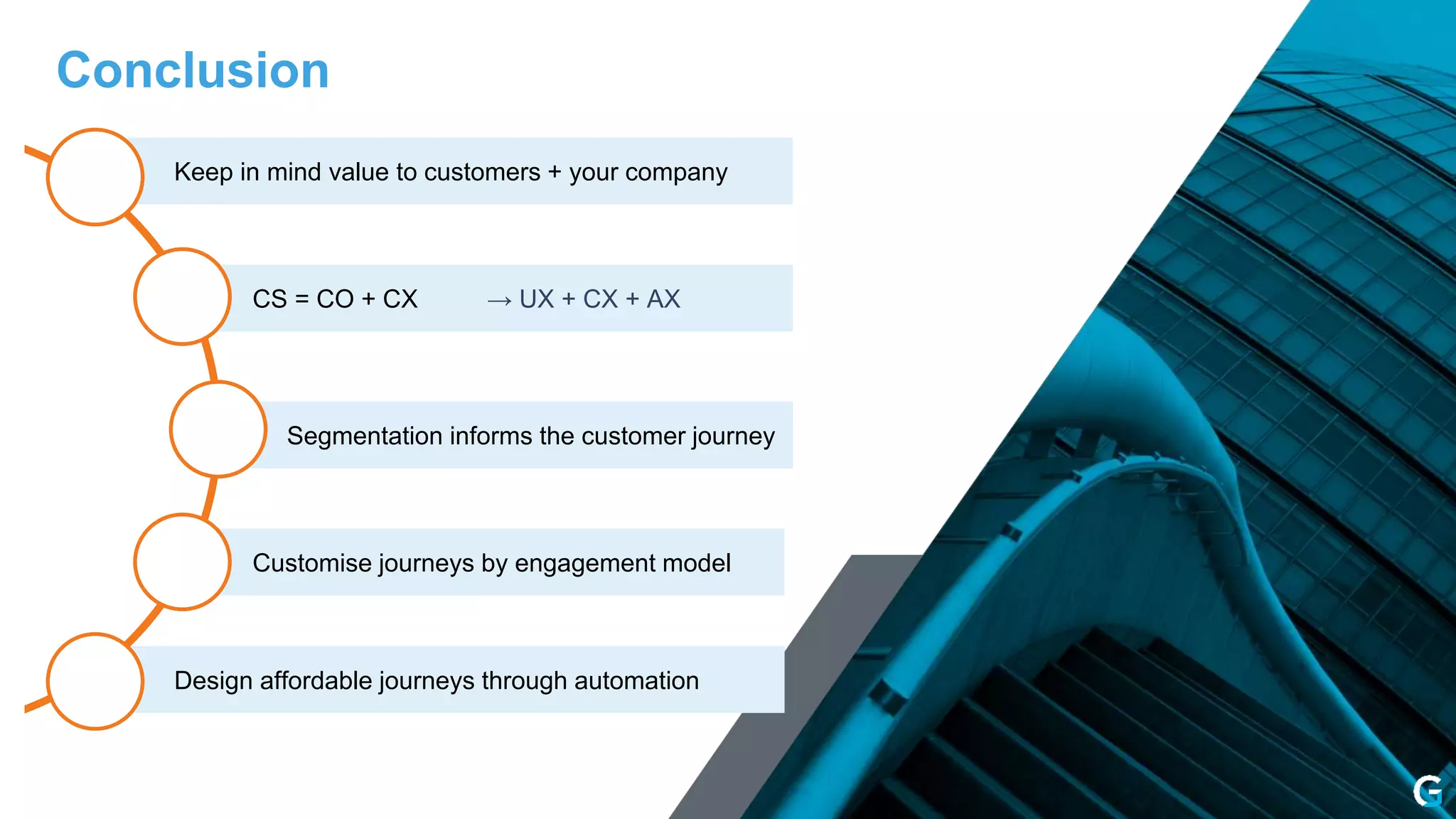 Conclusion
Keep in mind value to customers + your company
CS = CO + CX → UX + CX + AX
Segmentation informs the customer journey
Customise journeys by engagement model
Design affordable journeys through automation
 