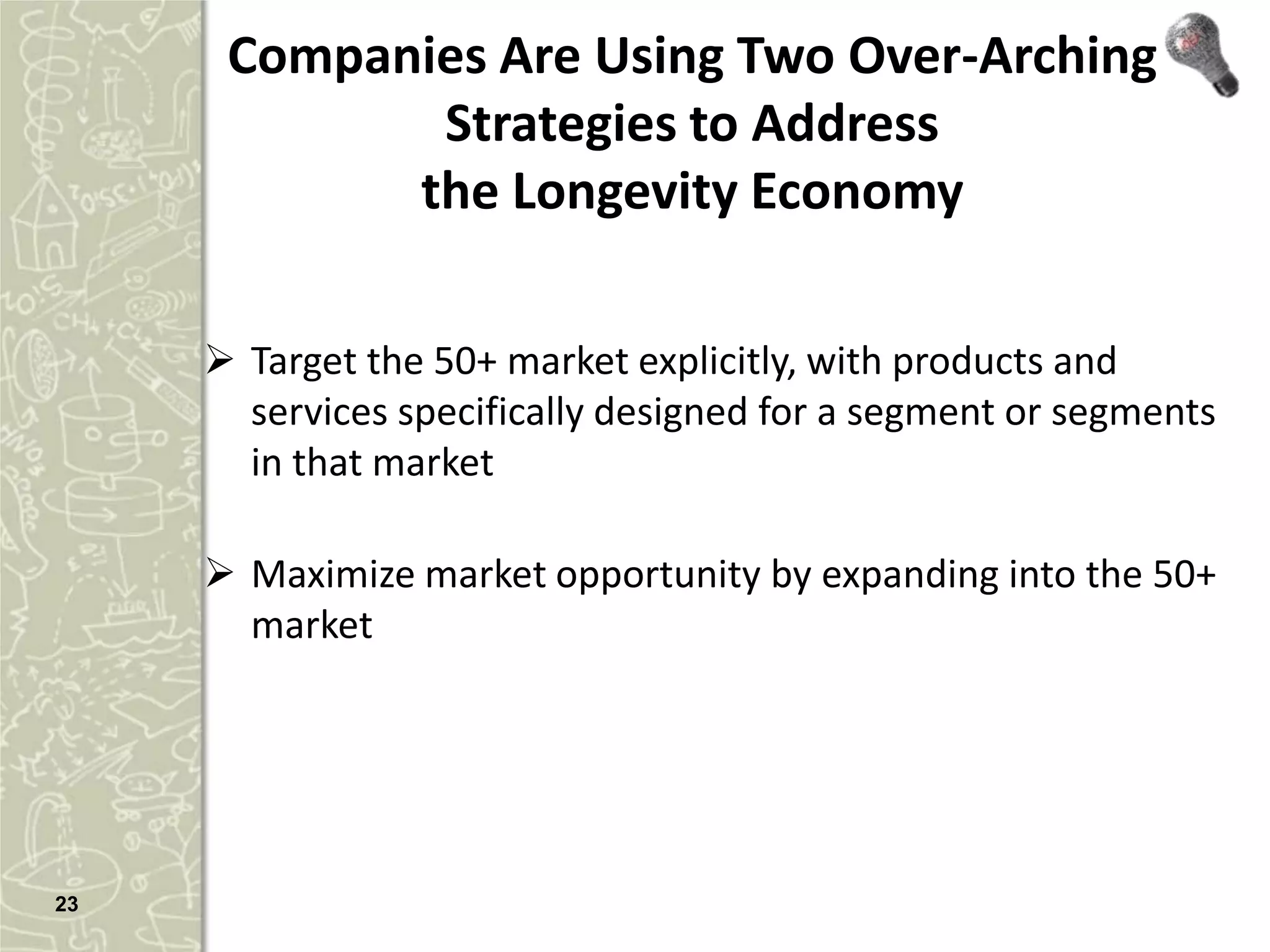 Companies Are Using Two Over-Arching
             Strategies to Address
            the Longevity Economy

      Target the 50+ market explicitly, with products and
       services specifically designed for a segment or segments
       in that market

      Maximize market opportunity by expanding into the 50+
       market




23
 