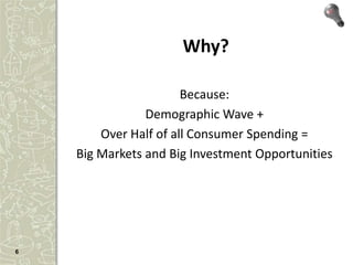 Why?

                       Because:
                Demographic Wave +
        Over Half of all Consumer Spending =
    ...