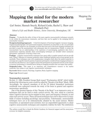 Mapping the mind for the modern
market researcher
Carl Senior, Hannah Smyth, Richard Cooke, Rachel L. Shaw and
Elizabeth P...
