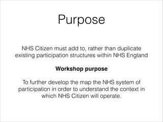 Purpose
NHS Citizen must add to, rather than duplicate
existing participation structures within NHS England
Workshop purpose!
To further develop the map the NHS system of
participation in order to understand the context in
which NHS Citizen will operate.

 