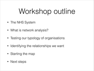 Workshop outline
•

The NHS System

•

What is network analysis?

•

Testing our typology of organisations

•

Identifying the relationships we want

•

Starting the map

•

Next steps

 