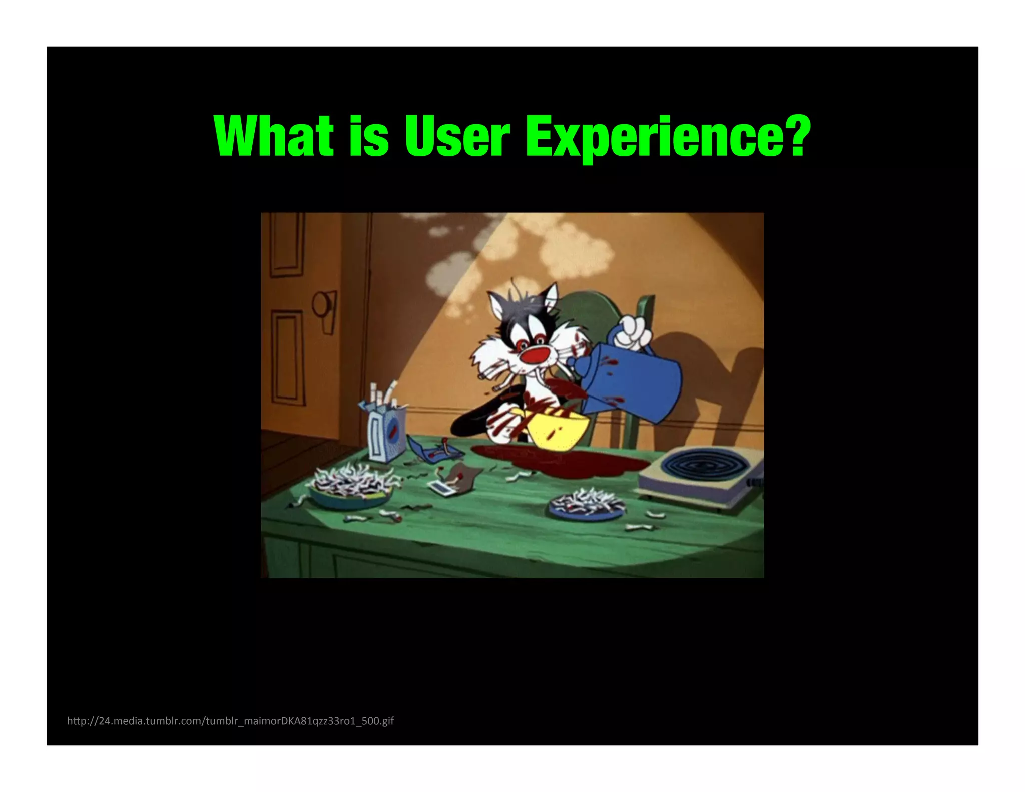 What is User Experience?

h#p://24.media.tumblr.com/tumblr_maimorDKA81qzz33ro1_500.gif	
  

 