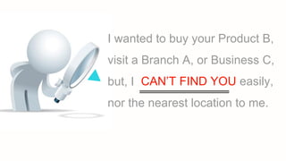 I wanted to buy your Product B,
visit a Branch A, or Business C,
but, I CAN’T FIND YOU easily,
nor the nearest location to me.
 