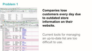 Problem 1
Companies lose
customers every day due
to outdated store
information on their
website.
Current tools for managing
an up-to-date list are too
difficult to use.
 