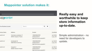 Mappointer solution makes it:
Really easy and
worthwhile to keep
store information
up-to-date.
Simple administration - no
need for developers to
update.
 