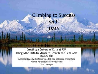 Climbing to Success
with
Data
Creating a Culture of Data at P3A
Using MAP Data to Measure Growth and Set Goals
March26, 2014
Angelita Davis, MikkiZackary and Renae Williams: Presenters
Palmer Park Preparatory Academy
Data Dialogue
 