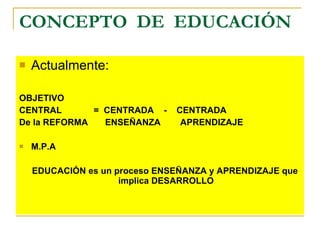 CONCEPTO  DE  EDUCACIÓN Actualmente: OBJETIVO CENTRAL  =  CENTRADA  -  CENTRADA De la REFORMA  ENSEÑANZA  APRENDIZAJE M.P.A EDUCACIÓN es un proceso ENSEÑANZA y APRENDIZAJE que implica DESARROLLO 