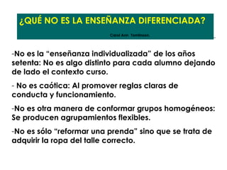 ¿QUÉ NO ES LA ENSEÑANZA DIFERENCIADA? Carol Ann   Tomlinson. No es la “enseñanza individualizada” de los años setenta: No es algo distinto para cada alumno dejando de lado el contexto curso. No es caótica: Al promover reglas claras de conducta y funcionamiento. No es otra manera de conformar grupos homogéneos: Se producen agrupamientos flexibles. No es sólo “reformar una prenda” sino que se trata de adquirir la ropa del talle correcto. 