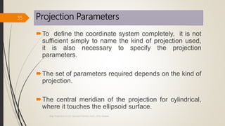 Projection Parameters
To define the coordinate system completely, it is not
sufficient simply to name the kind of projection used,
it is also necessary to specify the projection
parameters.
The set of parameters required depends on the kind of
projection.
The central meridian of the projection for cylindrical,
where it touches the ellipsoid surface.
35
Map Projections in GIS, Samirsinh Parmar, DoCL, DDU, Nadiad.
 
