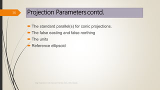 Projection Parameterscontd.
 The standard parallel(s) for conic projections.
 The false easting and false northing
 The units
 Reference ellipsoid
36
Map Projections in GIS, Samirsinh Parmar, DoCL, DDU, Nadiad.
 