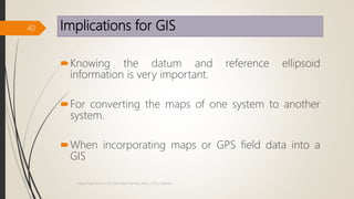 Implications for GIS
Knowing the datum and reference ellipsoid
information is very important.
For converting the maps of one system to another
system.
When incorporating maps or GPS field data into a
GIS
40
Map Projections in GIS, Samirsinh Parmar, DoCL, DDU, Nadiad.
 