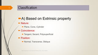 Classification
A) Based on Extrinsic property
 Nature:
 Plane, Cone, Cylinder
 Coincidence:
 Tangent, Secant, Polysuperficial
 Position:
 Normal, Transverse, Oblique
5
Map Projections in GIS, Samirsinh Parmar, DoCL, DDU, Nadiad.
 