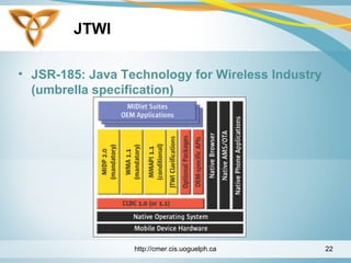 JTWI
• JSR-185: Java Technology for Wireless Industry
(umbrella specification)
http://cmer.cis.uoguelph.ca 22
 
