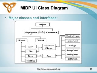 MIDP UI Class Diagram
• Major classes and interfaces:
http://cmer.cis.uoguelph.ca 41
 