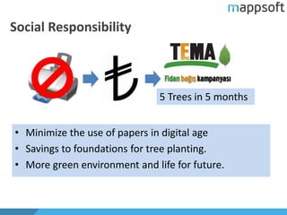 Social Responsibility
• Minimize the use of papers in digital age
• Savings to foundations for tree planting.
• More green environment and life for future.
5 Trees in 5 months
 