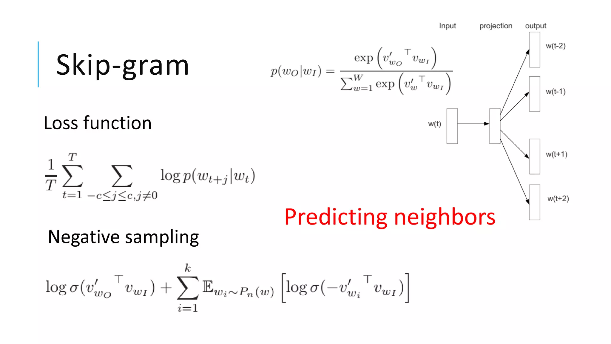 Skip-gram
Negative sampling
Loss function
Predicting neighbors
 