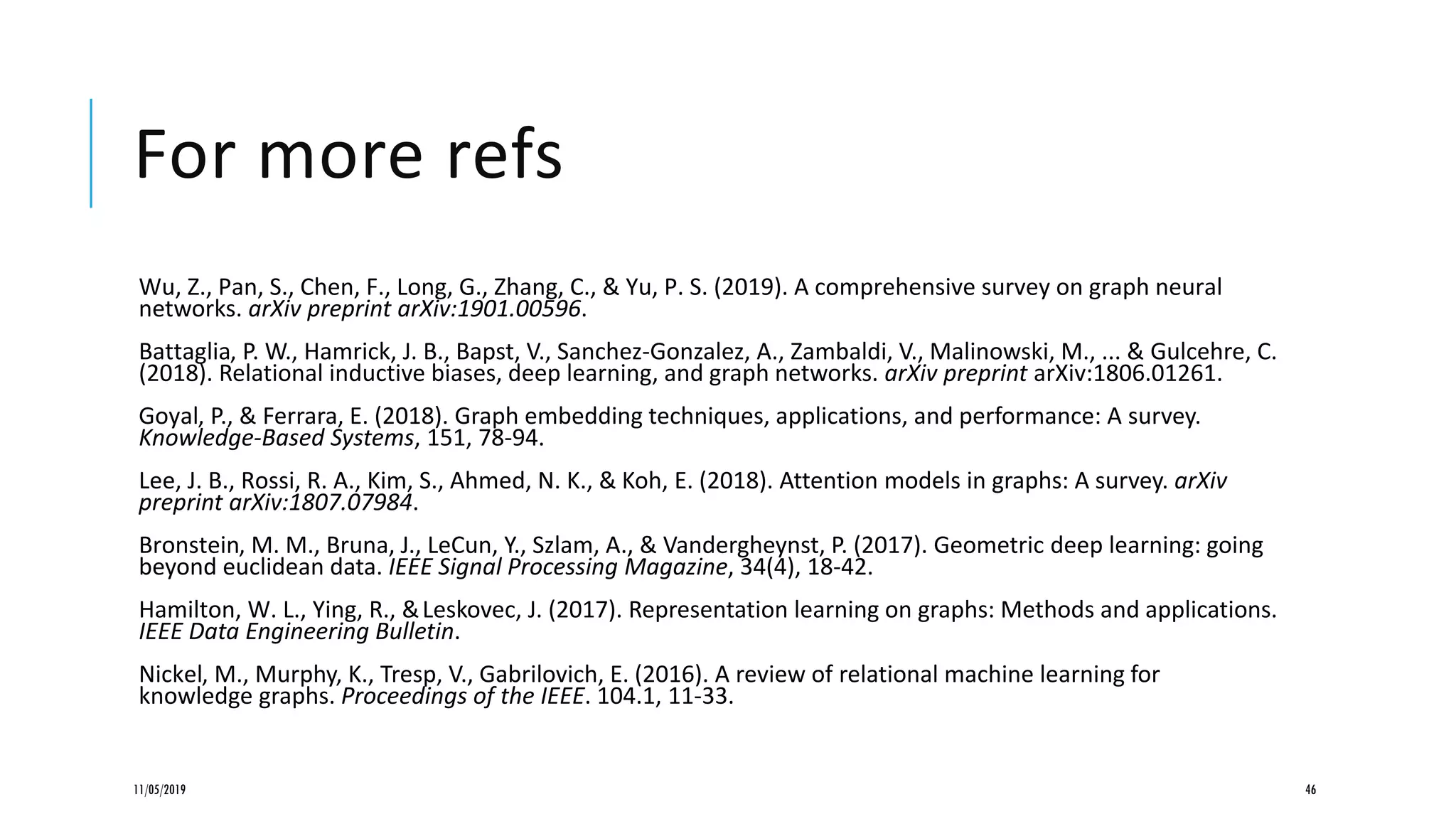 For more refs
Wu, Z., Pan, S., Chen, F., Long, G., Zhang, C., & Yu, P. S. (2019). A comprehensive survey on graph neural
networks. arXiv preprint arXiv:1901.00596.
Battaglia, P. W., Hamrick, J. B., Bapst, V., Sanchez-Gonzalez, A., Zambaldi, V., Malinowski, M., ... & Gulcehre, C.
(2018). Relational inductive biases, deep learning, and graph networks. arXiv preprint arXiv:1806.01261.
Goyal, P., & Ferrara, E. (2018). Graph embedding techniques, applications, and performance: A survey.
Knowledge-Based Systems, 151, 78-94.
Lee, J. B., Rossi, R. A., Kim, S., Ahmed, N. K., & Koh, E. (2018). Attention models in graphs: A survey. arXiv
preprint arXiv:1807.07984.
Bronstein, M. M., Bruna, J., LeCun, Y., Szlam, A., & Vandergheynst, P. (2017). Geometric deep learning: going
beyond euclidean data. IEEE Signal Processing Magazine, 34(4), 18-42.
Hamilton, W. L., Ying, R., &Leskovec, J. (2017). Representation learning on graphs: Methods and applications.
IEEE Data Engineering Bulletin.
Nickel, M., Murphy, K., Tresp, V., Gabrilovich, E. (2016). A review of relational machine learning for
knowledge graphs. Proceedings of the IEEE. 104.1, 11-33.
11/05/2019 46
 
